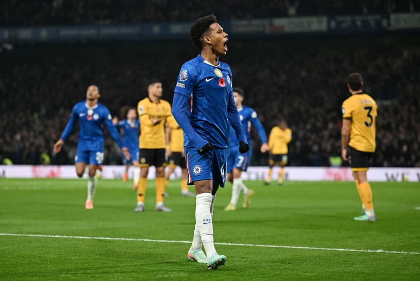 Estevao of Chelsea celebrates after teammate Joao Pedro