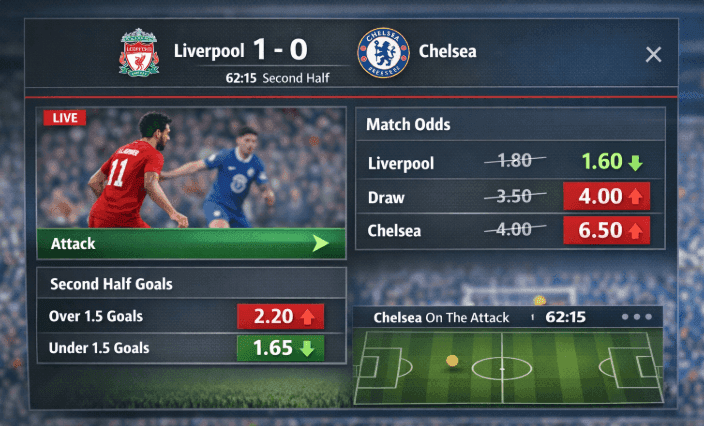 Example of how in-play betting odds shift second-half goals markets.