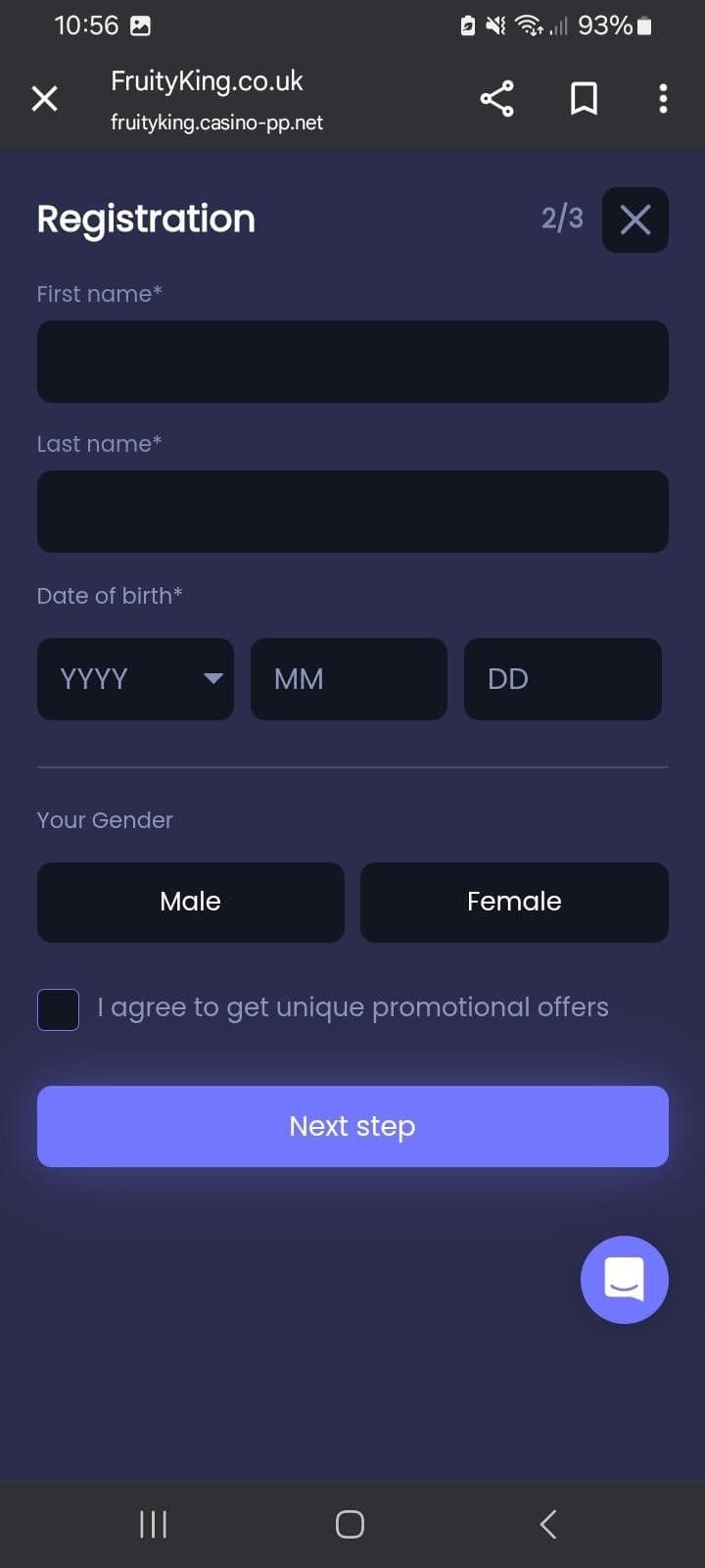 Fill in your name, date of birth and gender.