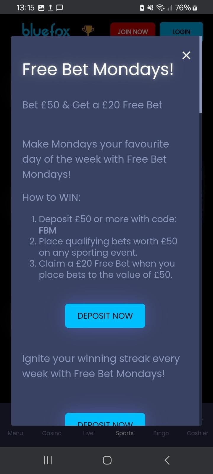Free Bet Mondays Bluefox