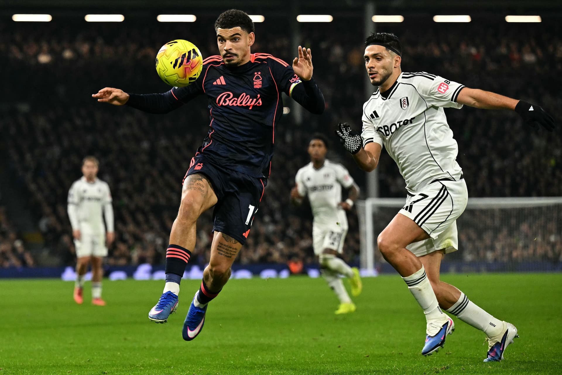 Fulham's Mexican striker #07 Raul Jimenez (R) vies with Nottingham Forest's English midfielder #10 Morgan Gibbs