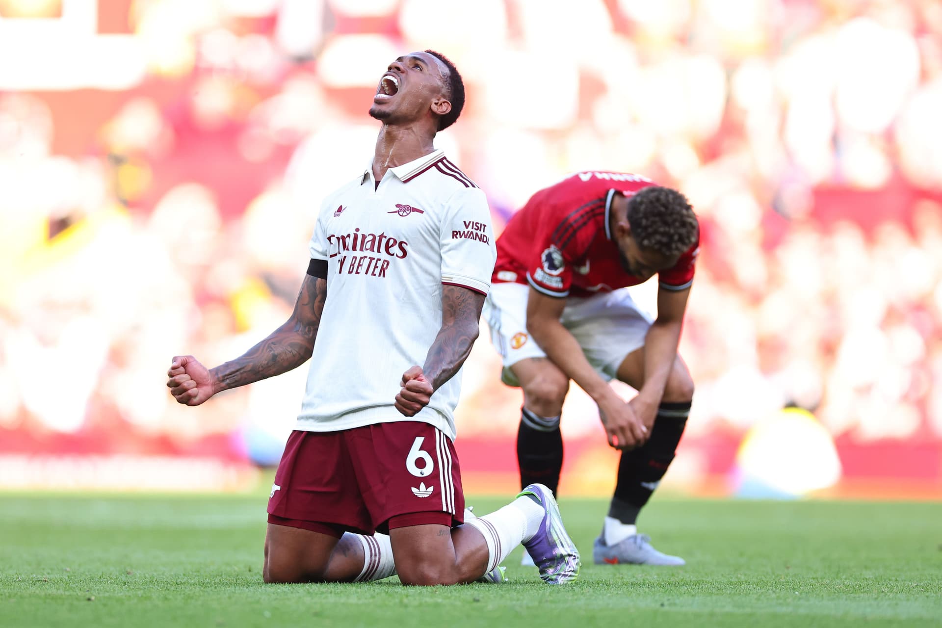 Gabriel Magalhaes of Arsenal celebrates at full time during the Premier League