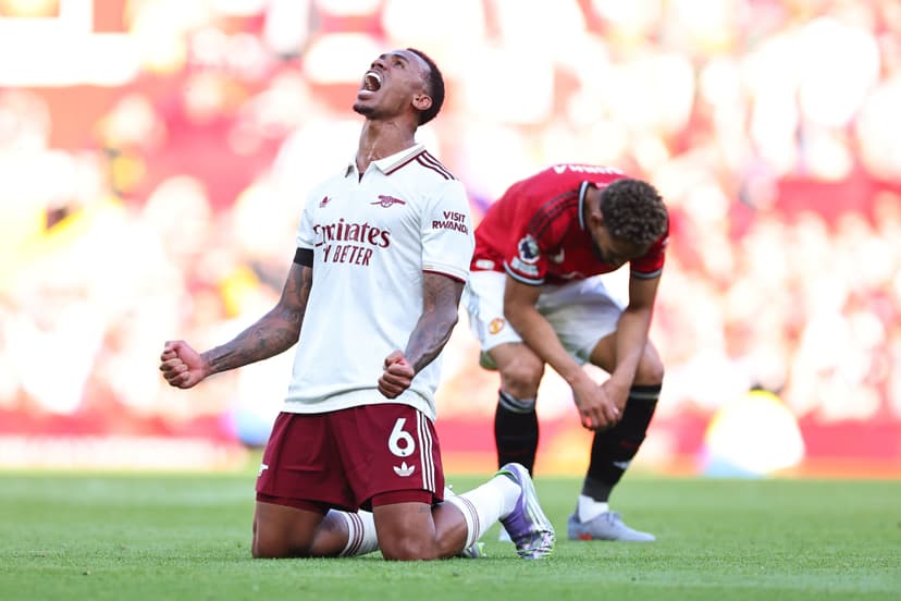 Gabriel Magalhaes of Arsenal celebrates at full time during the Premier League
