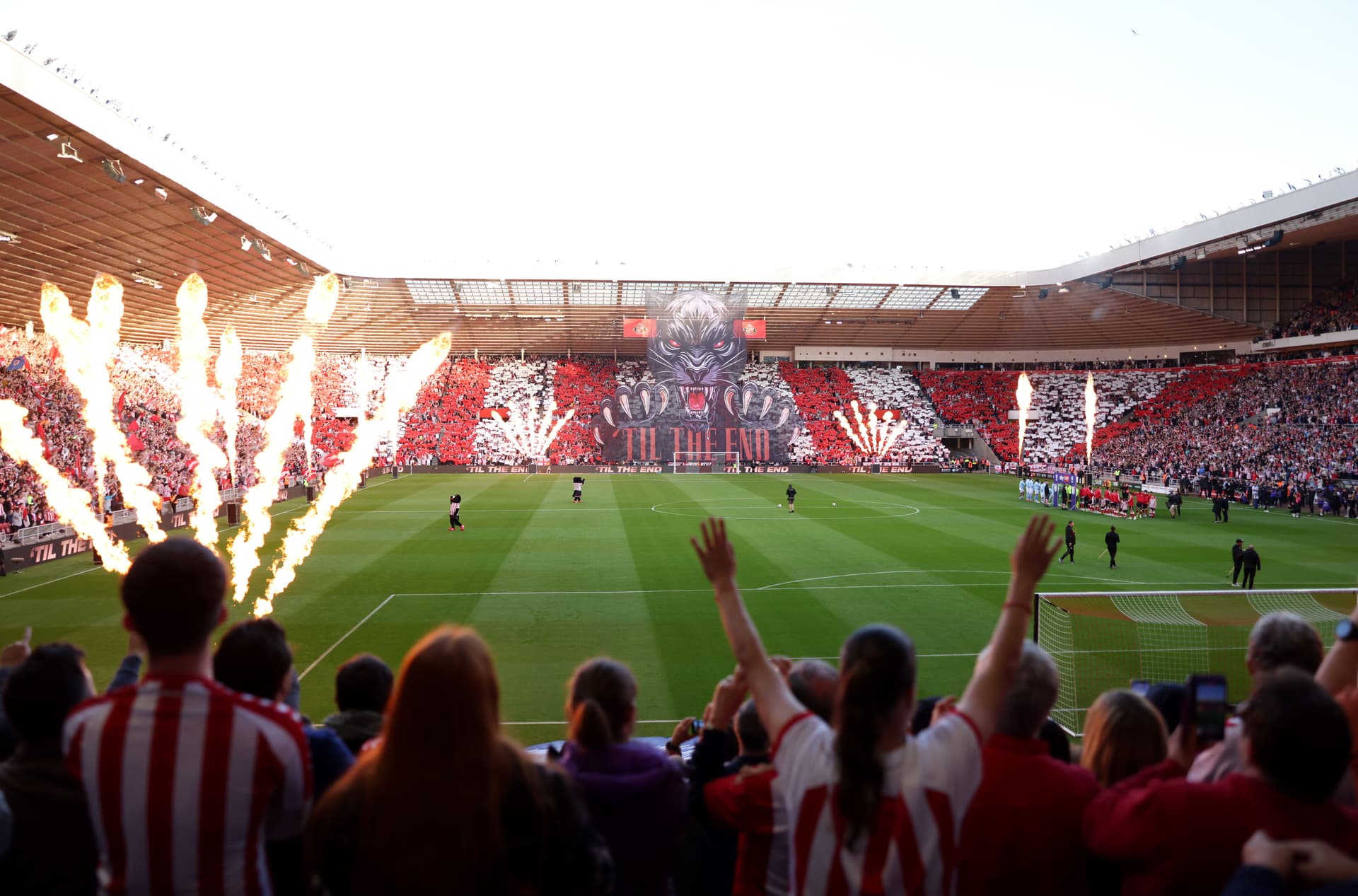 General view inside the stadium during a pyrotechnics display