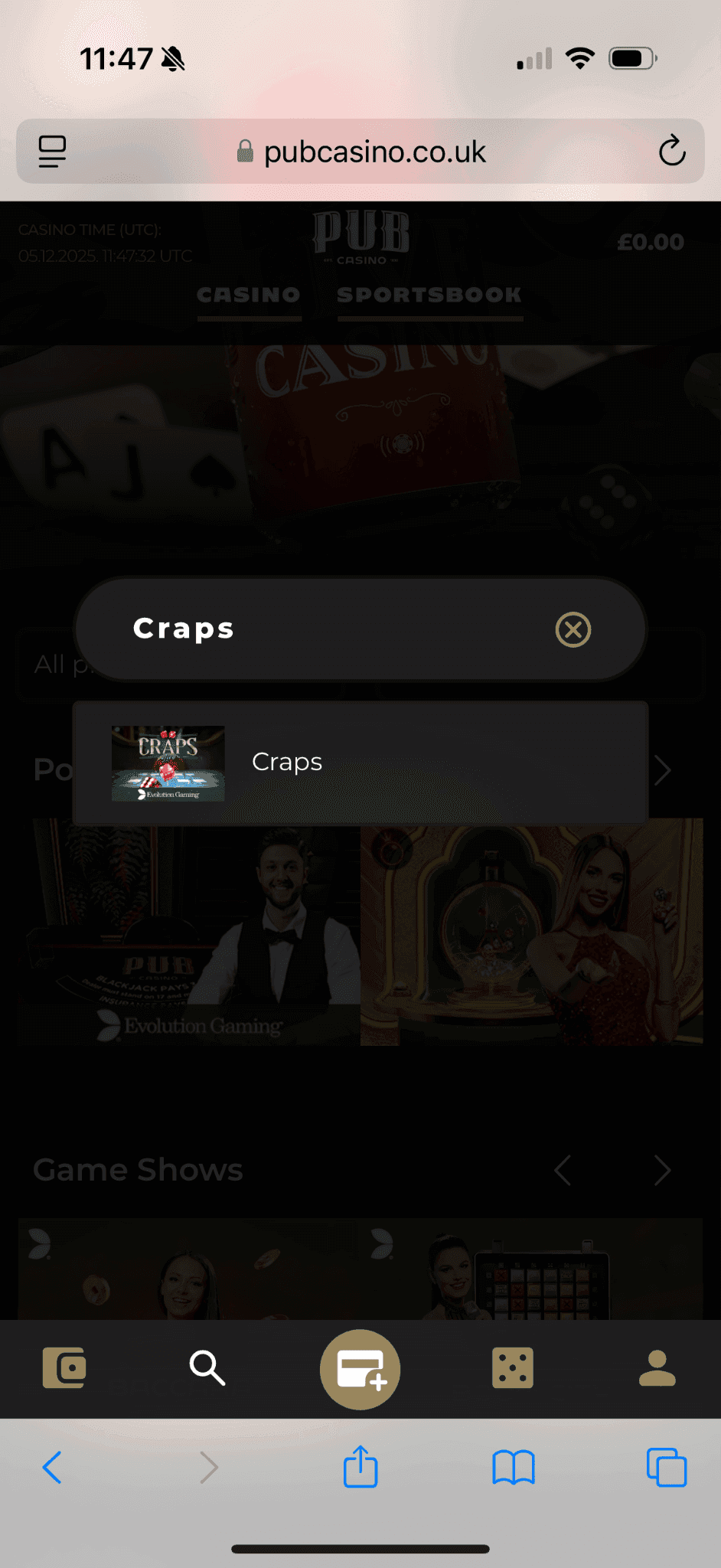 Go to the live casino and search for craps