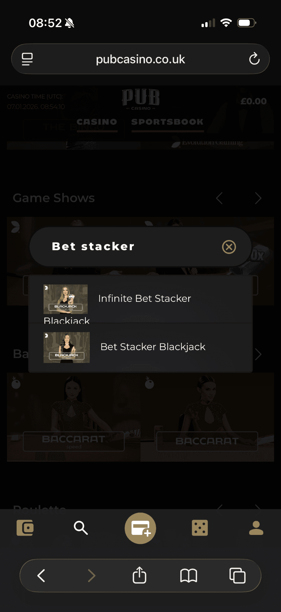 Go to the live casino lobby and search for Bet Stacker Blackjack