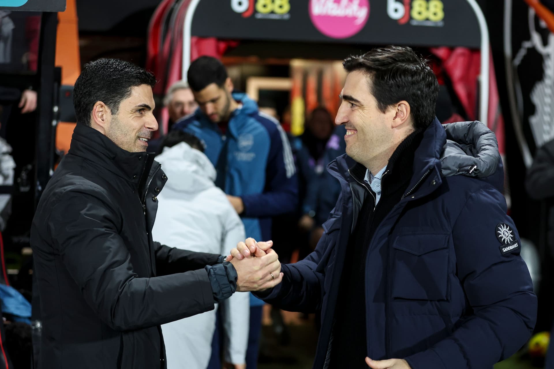 Head Coaches Mikel Arteta of Arsenal and Andoni Iraola of Bournemouth during the Premier League