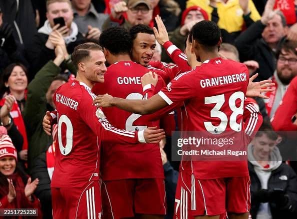 Hugo Ekitike of Liverpool celebrates scoring his team's first goal