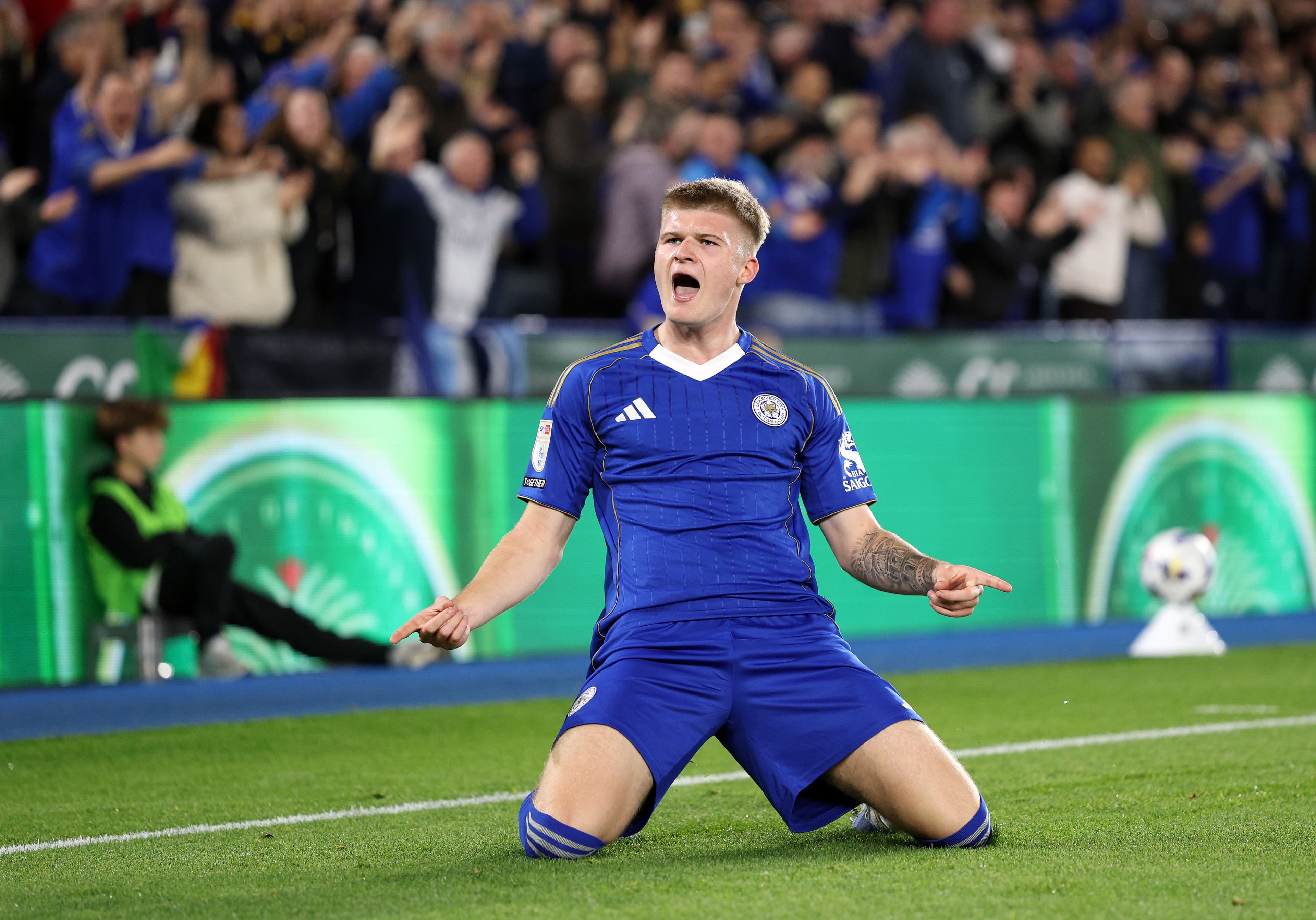 Jordan James of Leicester City celebrates scoring his team's first goal