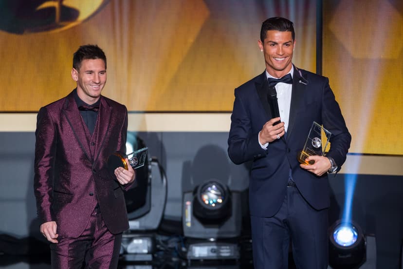 Lionel Messi of Argentina and FC Barcelona (L) and Cristiano Ronaldo of Portugal