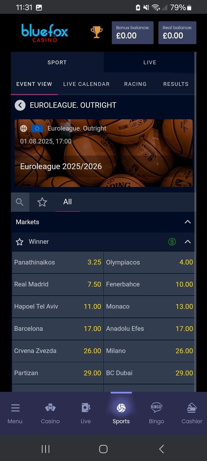 Live Betting & Streaming Bluefox