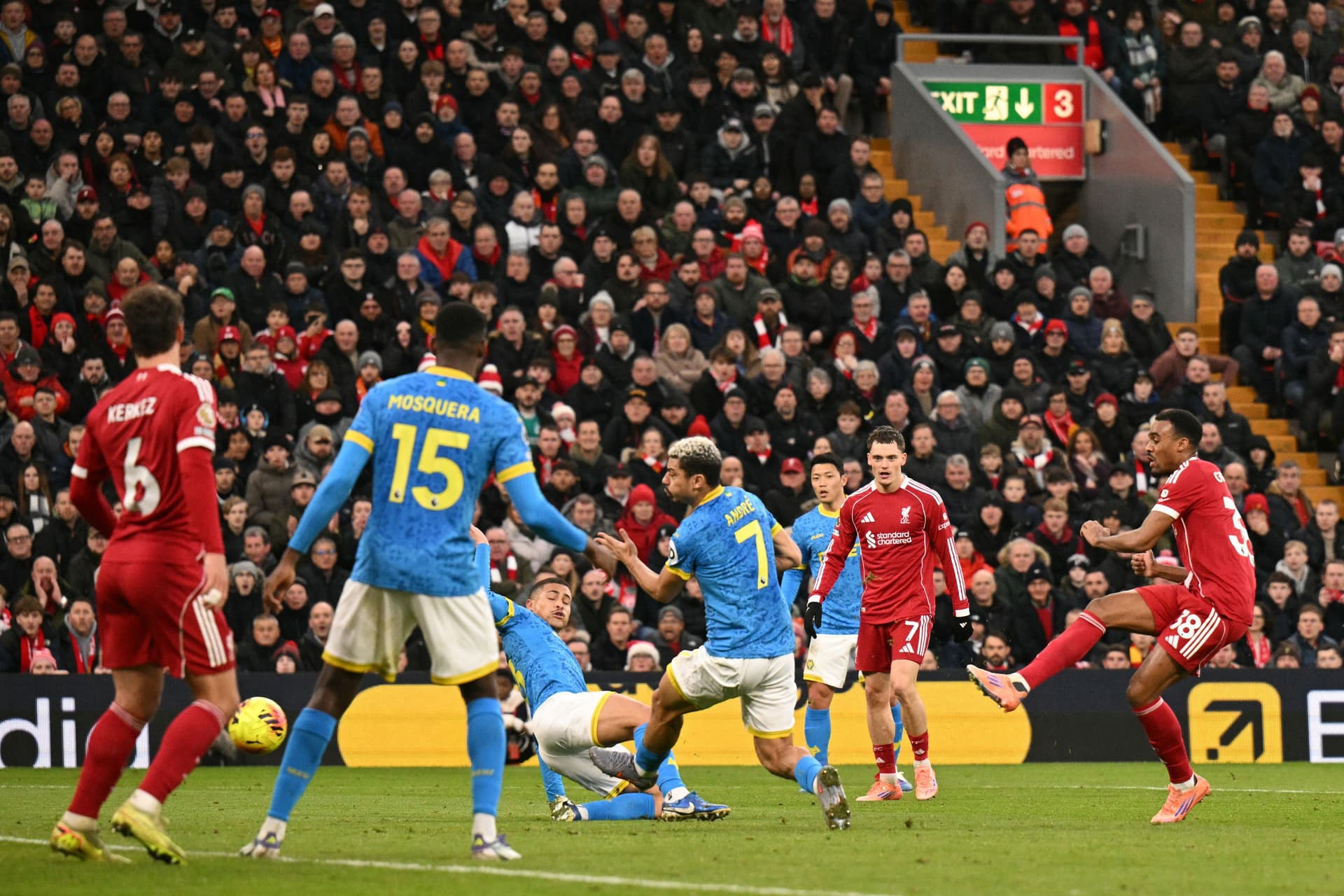Liverpool's Dutch midfielder Ryan Gravenberch shoots to score the opening goal