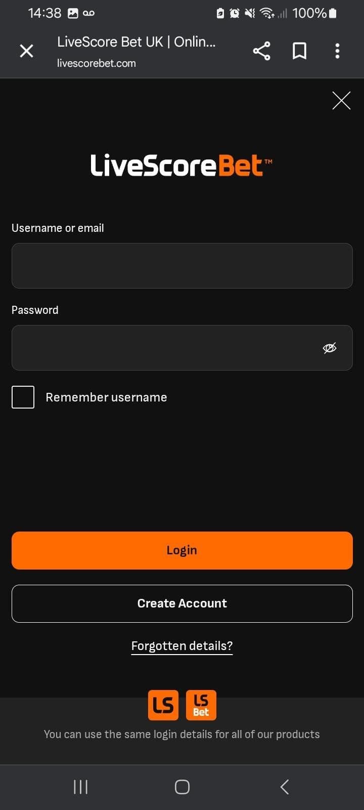 Log in to your LiveScore Bet account