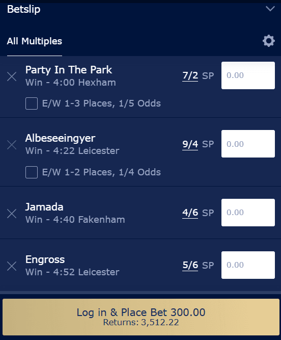 Lucky 15 bet with £20 stake on four relatively short priced favourites
