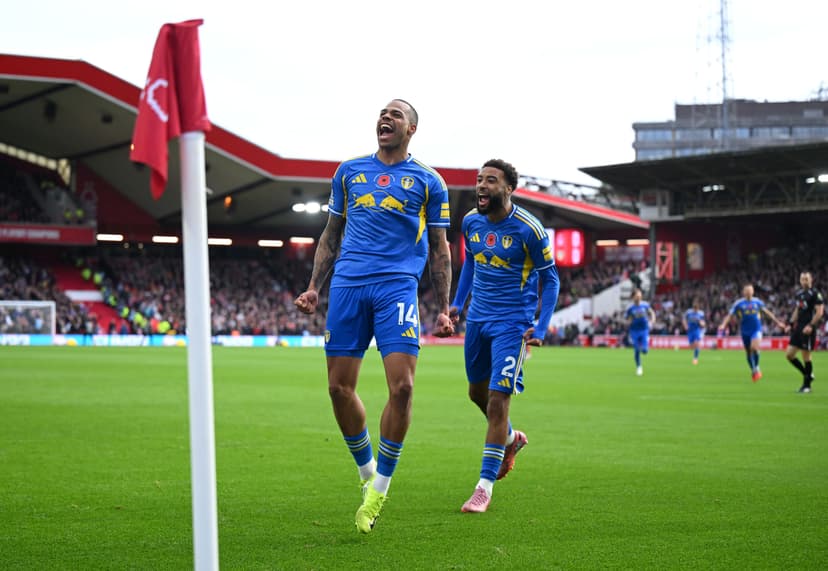 Lukas Nmecha of Leeds United celebrates scoring his team's first goal