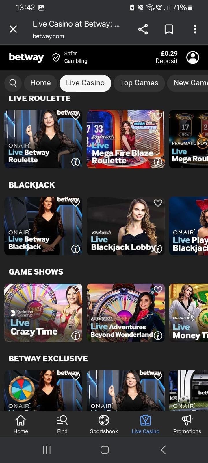 Open the live casino lobby and select Live All Bets Blackjack