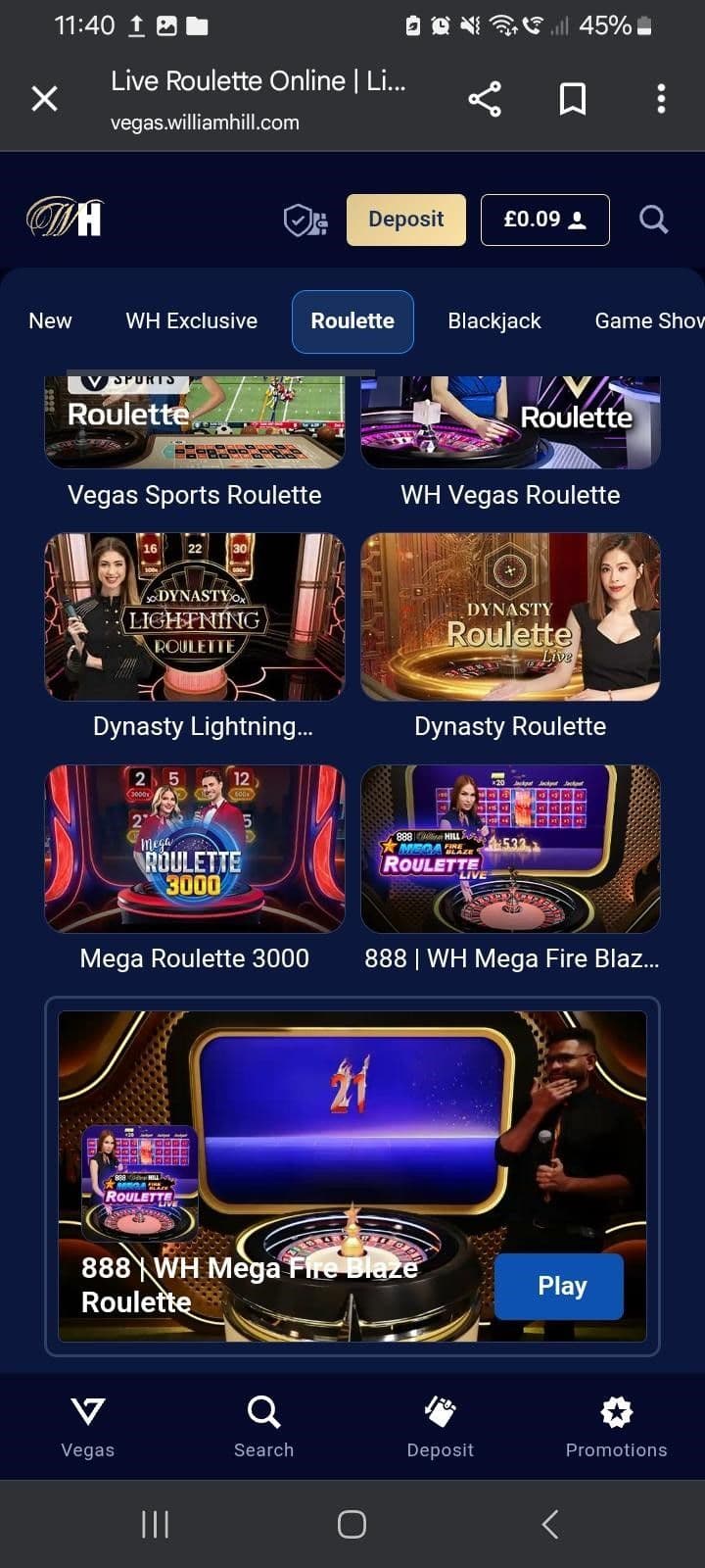 Open the live casino lobby and select Mega Roulette Live.
