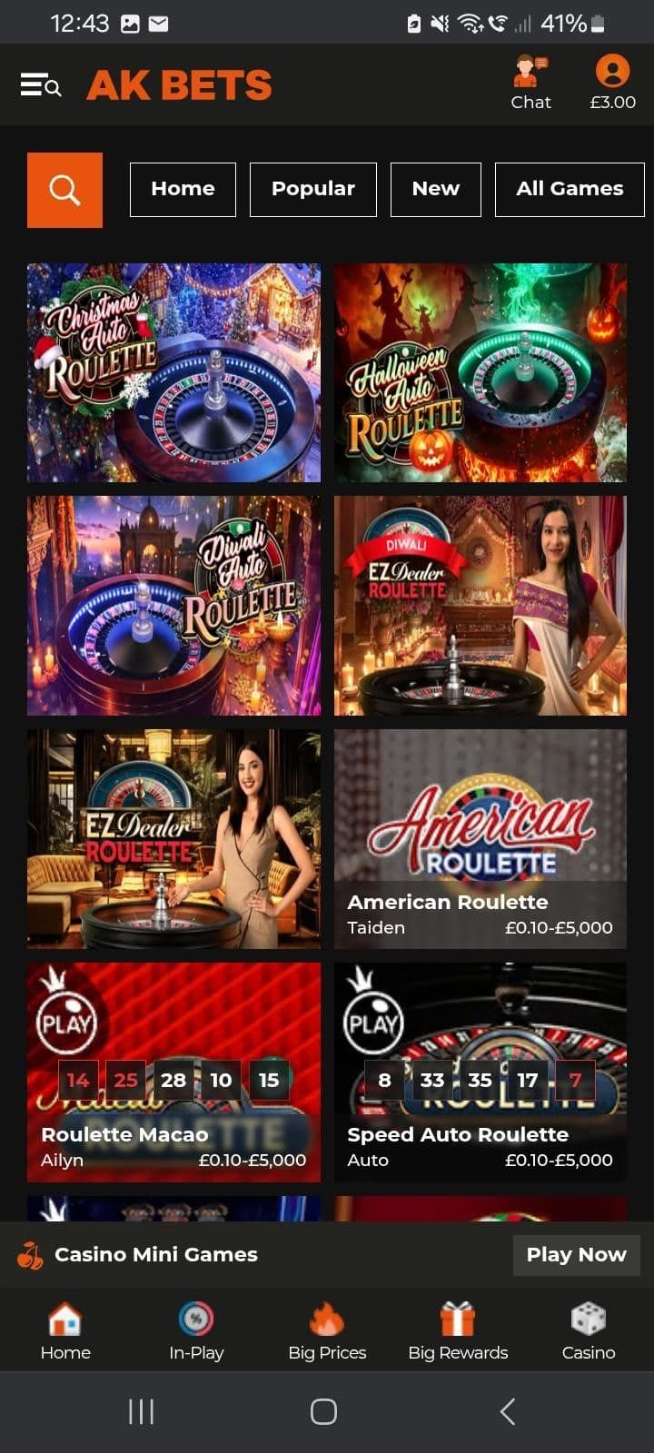 Open the live casino lobby and select a speed roulette table.