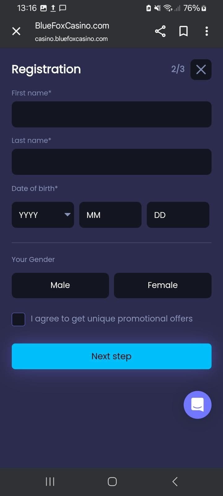 Provide your name, birthdate, and gender.