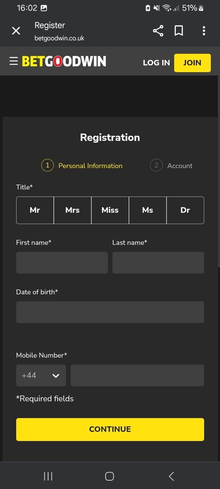 Select title, enter name, DOB, and phone number betgoodwin