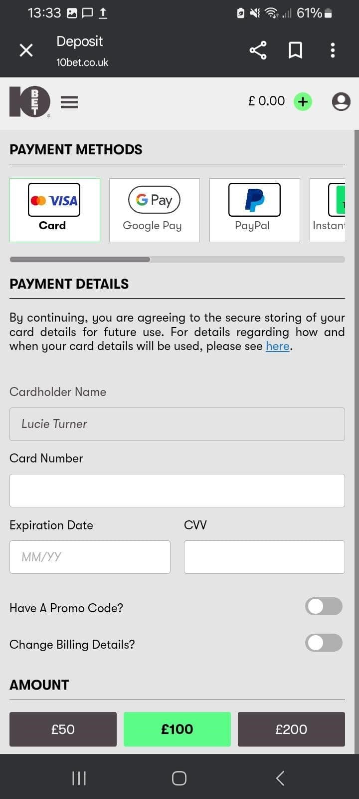 Select your preferred deposit method 10bet
