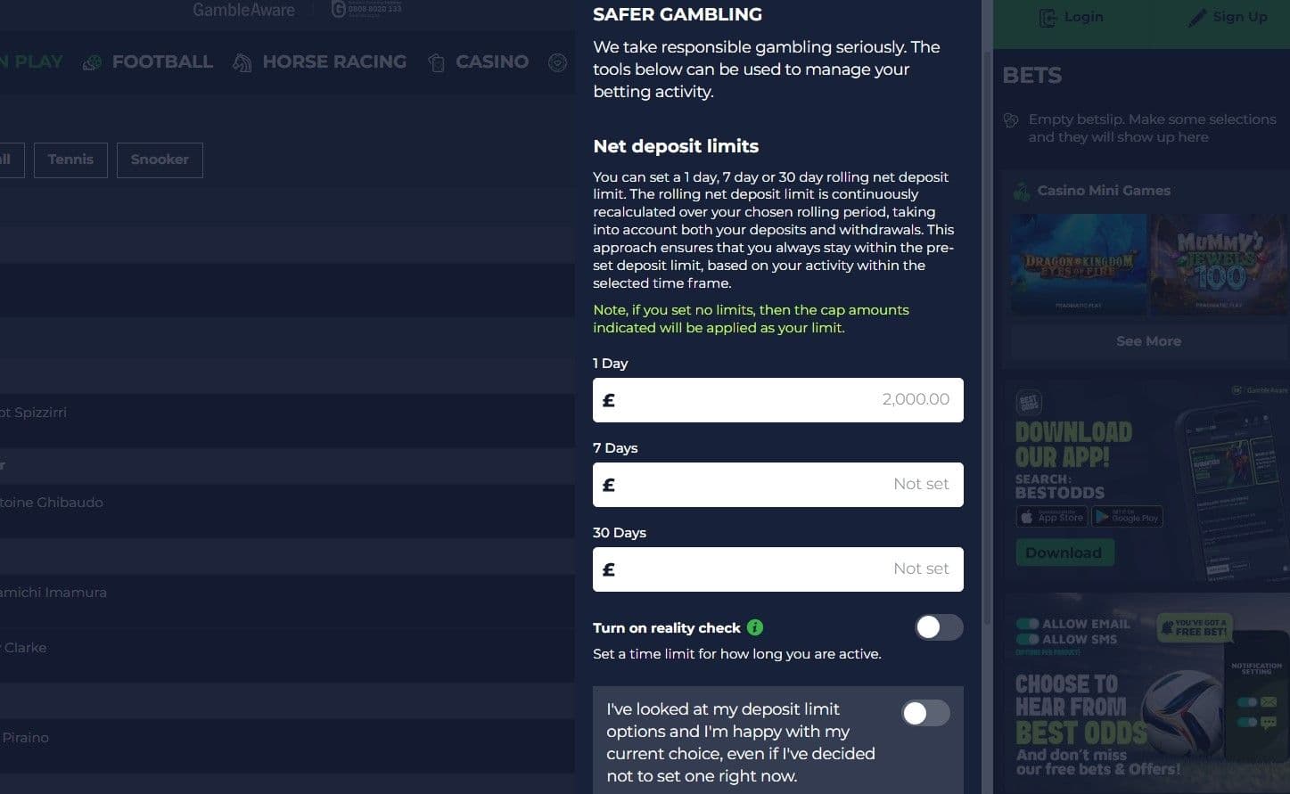 Set deposit limits before you complete the registration process