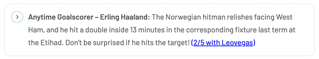 SportsBoom’s prediction that Erling Haaland will score against West Ham. Source