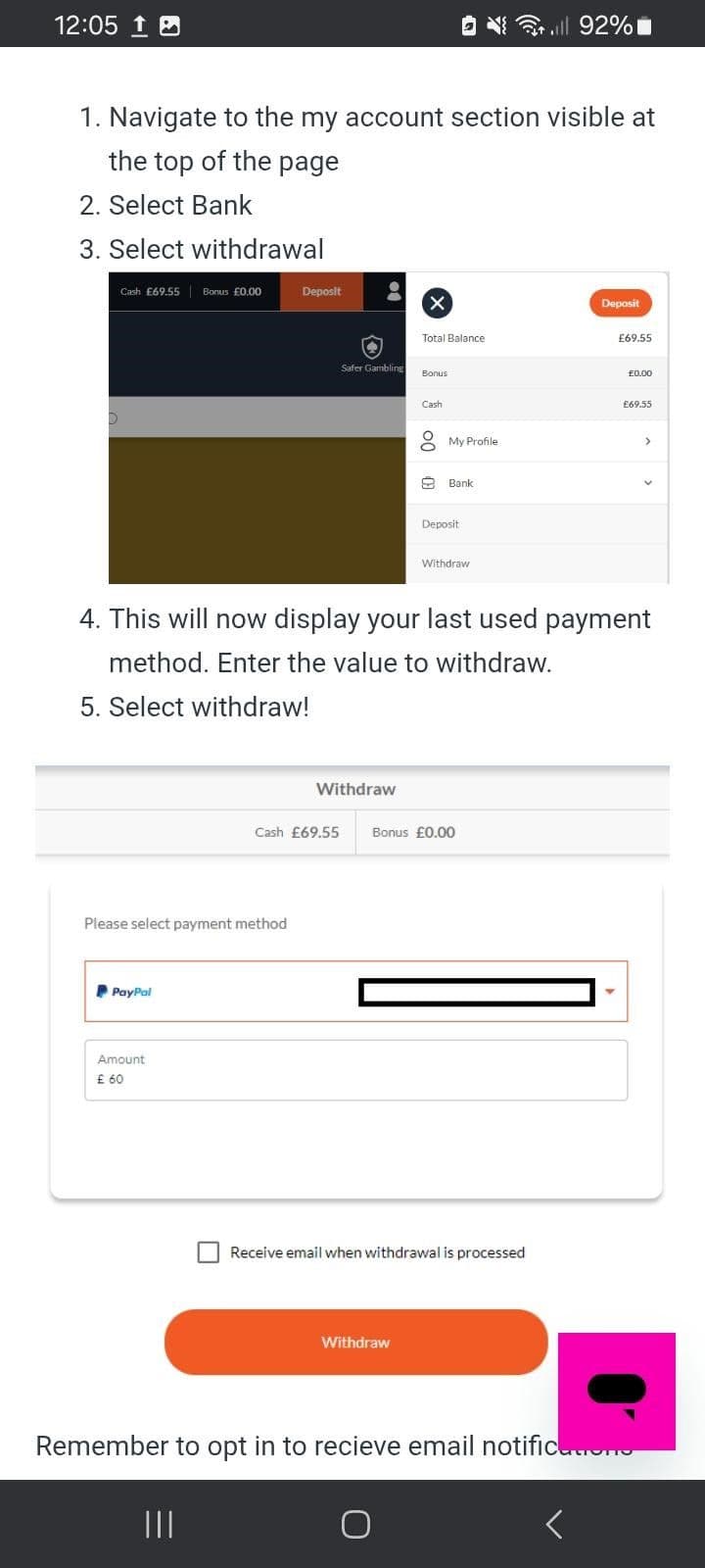 Tap Cashier Withdraw in the menu VegasWins