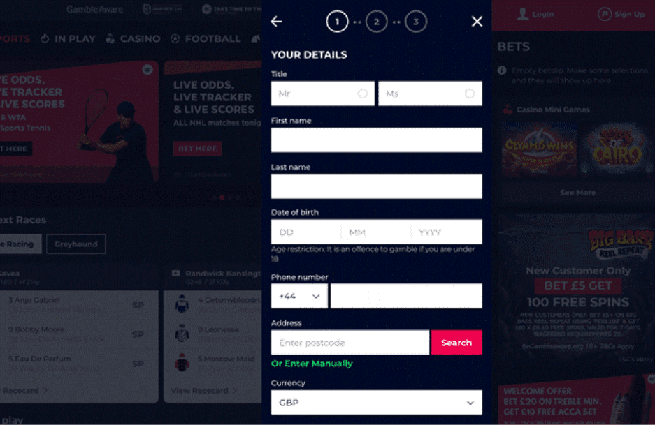 Type in your full name, DOB, address, mobile number and currency