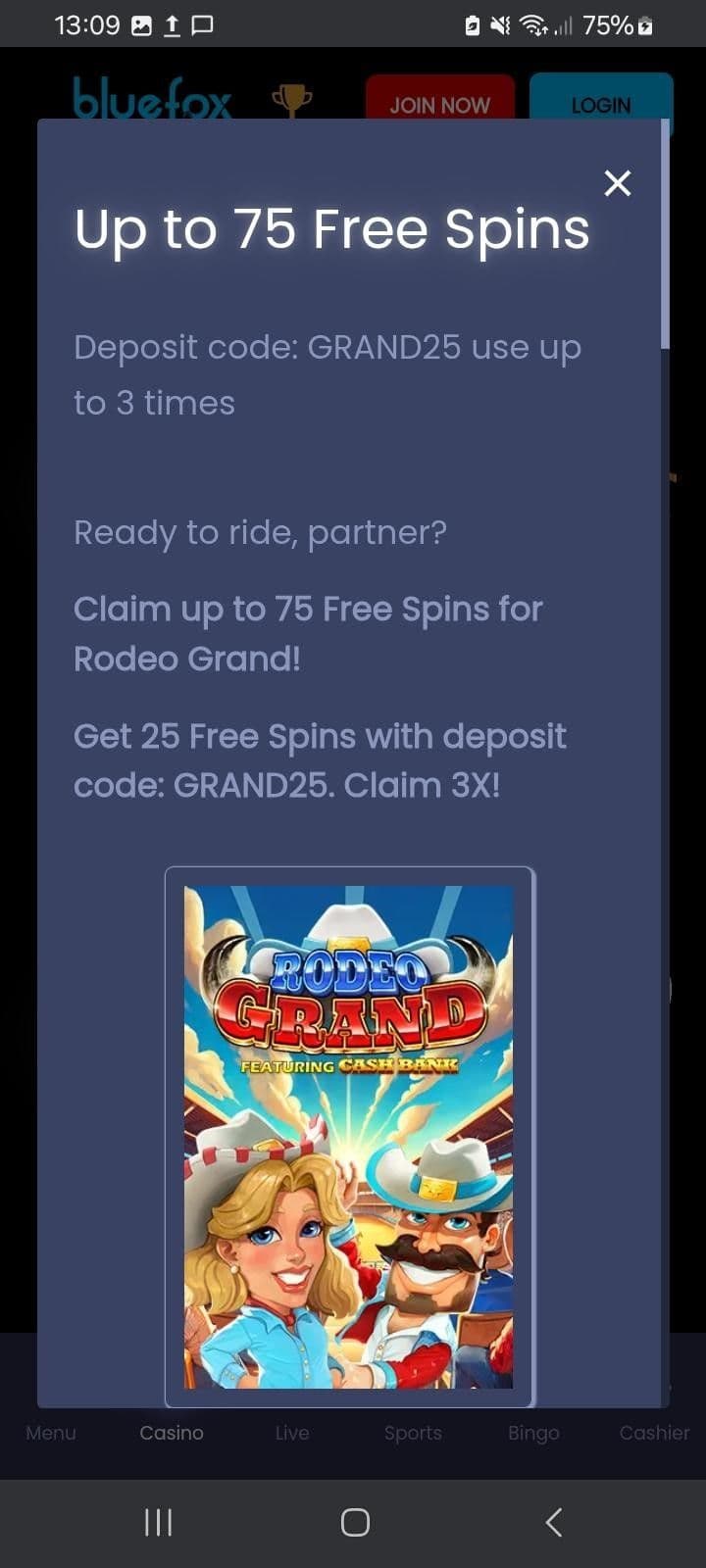 Up to 75 Free Spins Bluefox