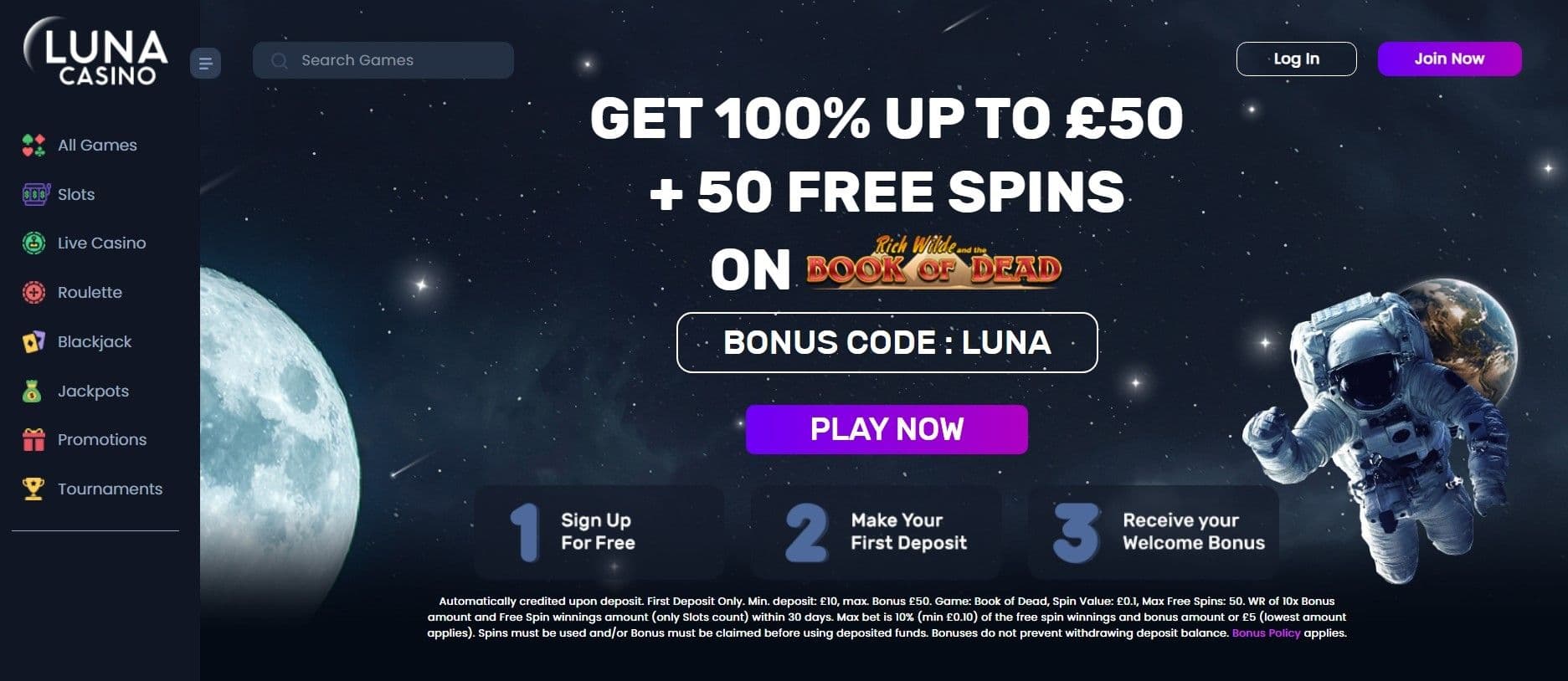 Visit Luna Casino and click on the purple “Join Now” button