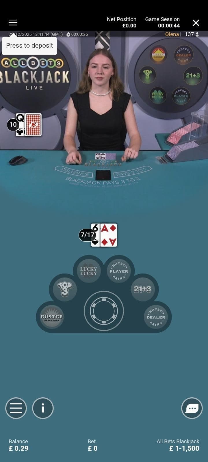 Wait for the next hand using standard blackjack decisions
