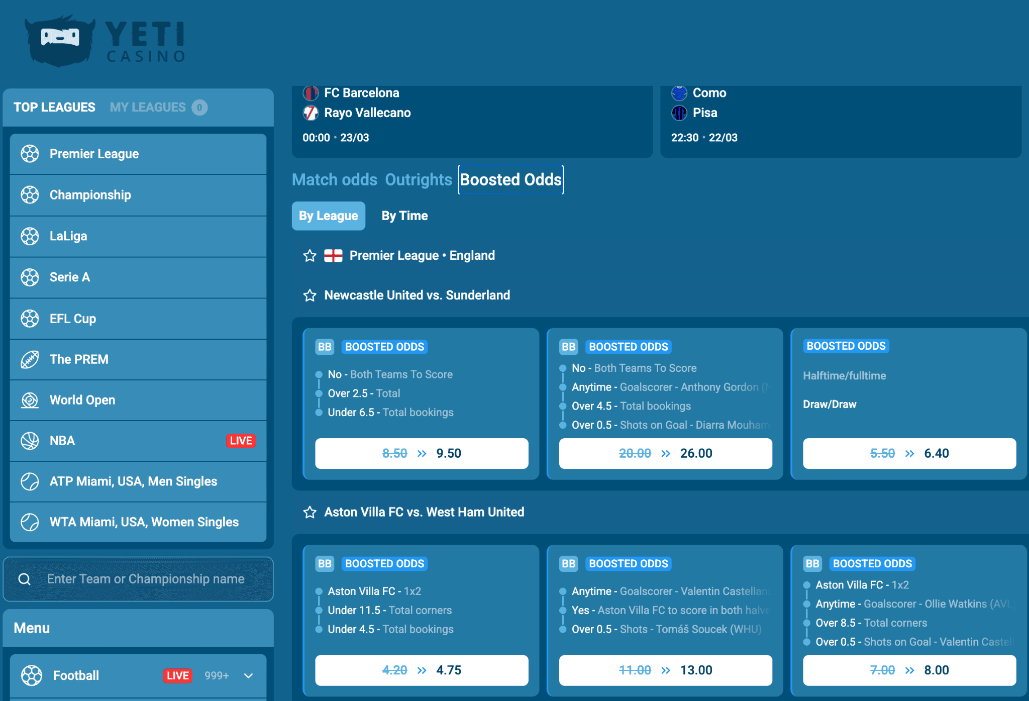 Yeti Casino Sports Markets, Odds & Live Betting