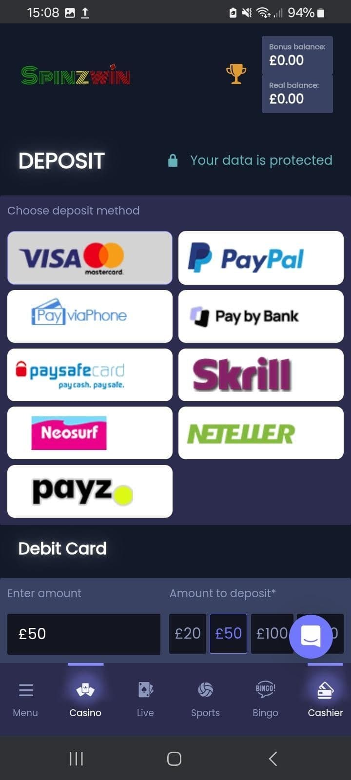 spinzwin Go to the Cashier, select a payment method, and deposit.jpg
